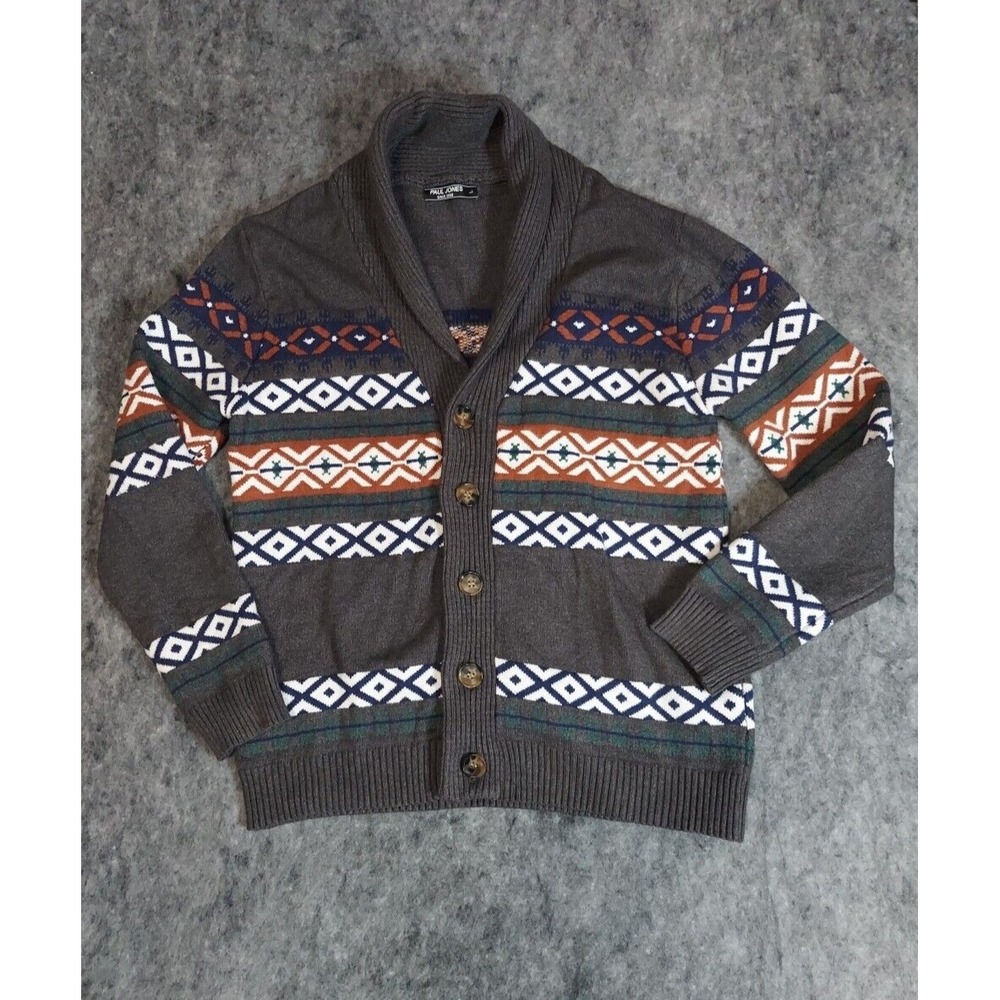 Paul Jones Sweater Mens Large Gray Aztec Design Shawl Collar‎ Cardigan Buttons